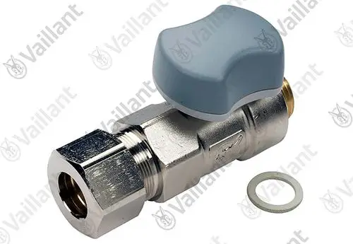 Vaillant Gasabsperrhahn mit grauem Bedienknopf und metallischem Gehäuse, ausgestattet mit einer Dichtungsscheibe, zur Verwendung in Gasinstallationen.